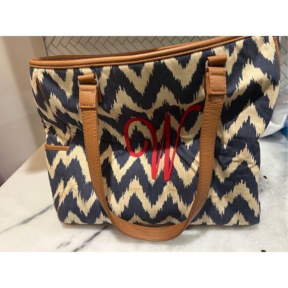Thirty One 14"X20 Gym/Travel Bag/Beach  Blue and Beige with W MONO - Picture 1 of 8
